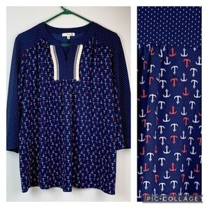Stitch Fix: Cleo Kai nautical anchors print split round neck tunic top EUC